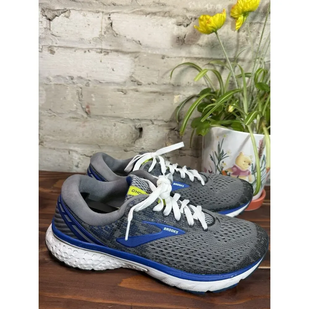 Brooks Ghost Gray/Blue/White Solid Low Top Lace-Up Mesh Running Sneakers